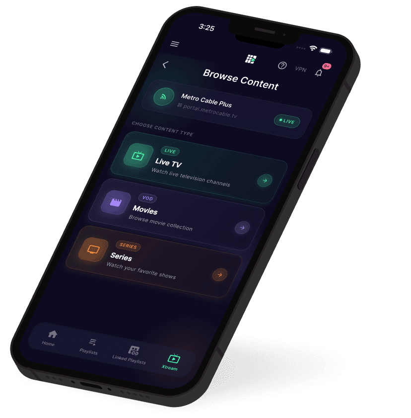 GridStreamr IPTV app home screen on iPhone showing live TV channels and Smart Collections